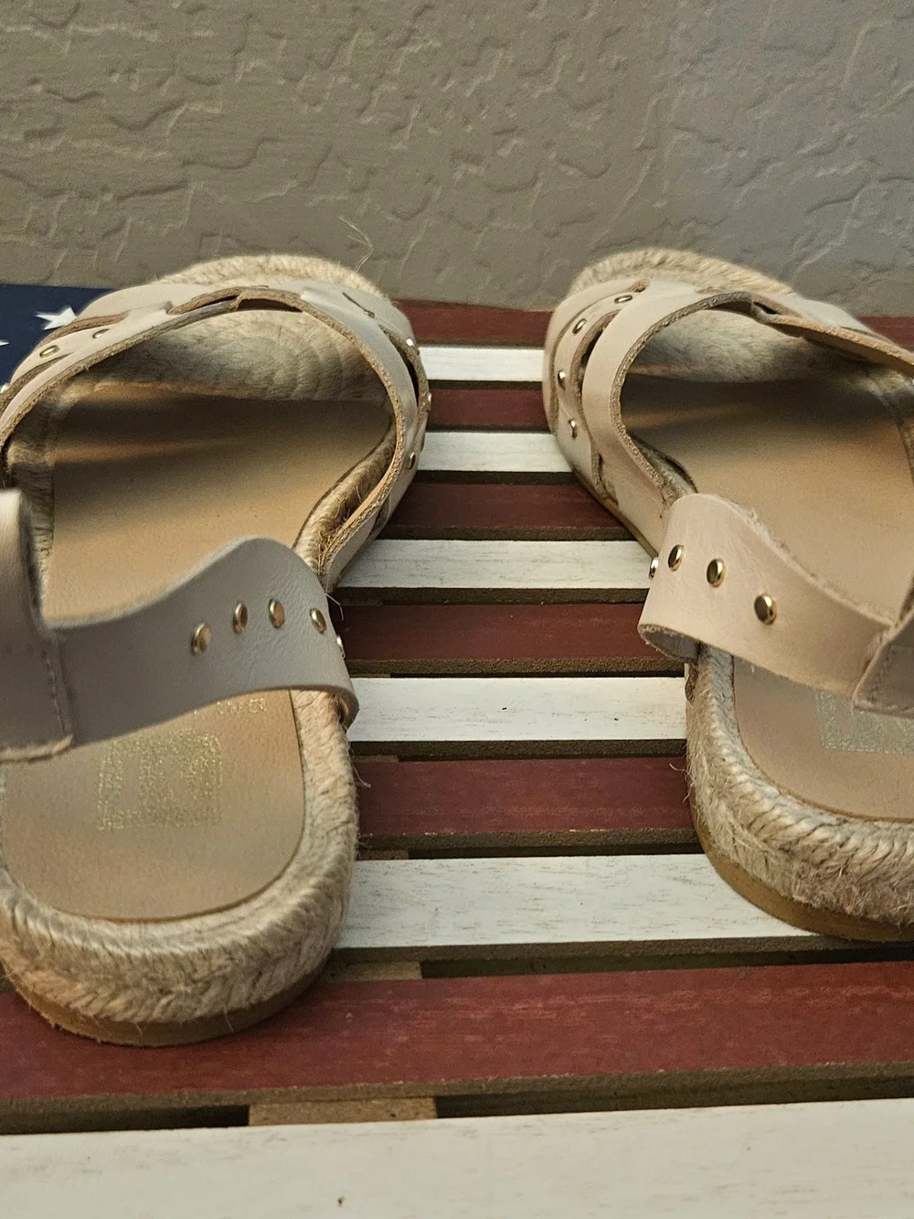 Bruno Magli Cream Leather Espadrille Sandals with Gold Studs